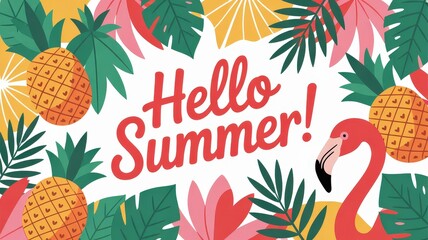 Vibrant summer birthday greeting card featuring tropical elements and cheerful typography for celebrations. Hello Summer