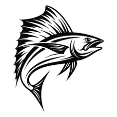 Black and White Silhouette of a Jumping Sailfish with Open Mouth and Detailed Fins