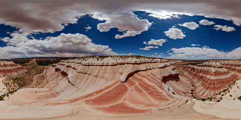 A red rock landscape, futurist utopia. Full 360 degrees seamless spherical panorama HDRI equirectangular projection. Texture environment map for lighting and reflection source rendering 3d scenes