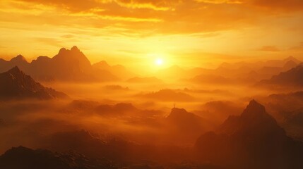 Sunrise Illuminating Misty Rolling Mountains