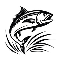 Monochrome Fish Leaping Silhouette, Wildlife Aquatic Animal, Fins, Tail, Black And White