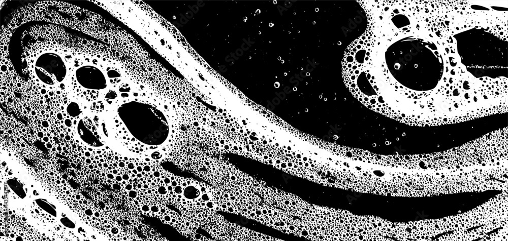 Poster Intricate foam texture overlay forms unique wave patterns across a black background, showcasing dynamic shapes and contrasting visual elements that captivate the eye.