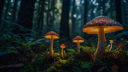 Fototapeta premium Mystical glowing mushrooms in an enchanting forest.