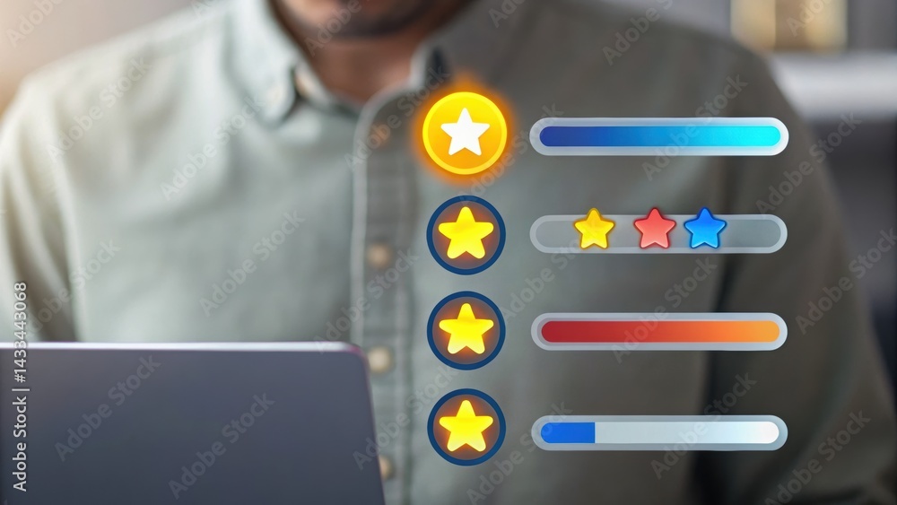 Poster a person using a laptop with graphical elements showing star ratings and progress indicators.