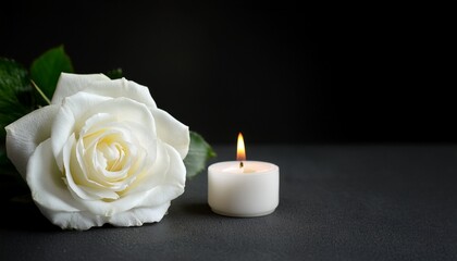 sympathy card with white candle and white rose on dark background with copy space