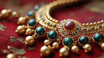 Opulent Gold Necklace with Green and Red Gemstones