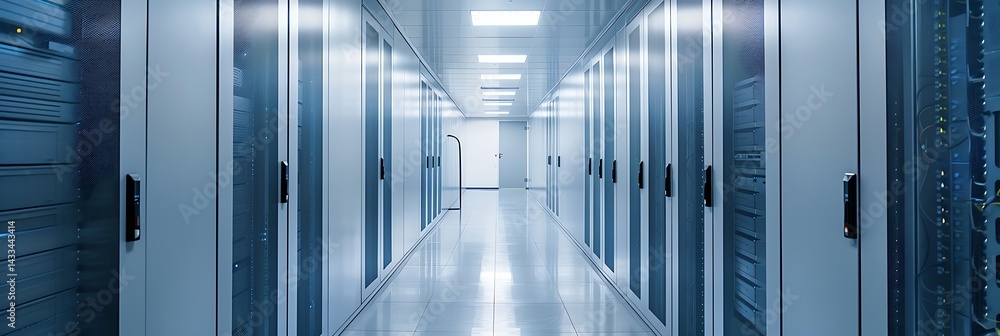 Poster perspective view down a brightly lit, modern data center corridor lined with rows of server racks or