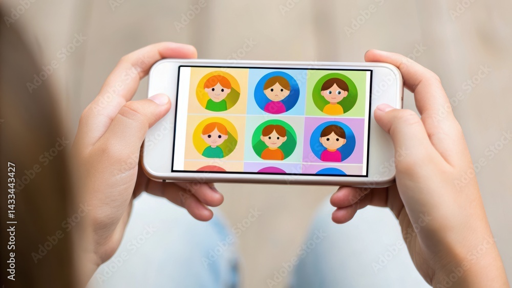 Poster a person holds a smartphone displaying a colorful grid of cartoon faces, suggesting interaction with