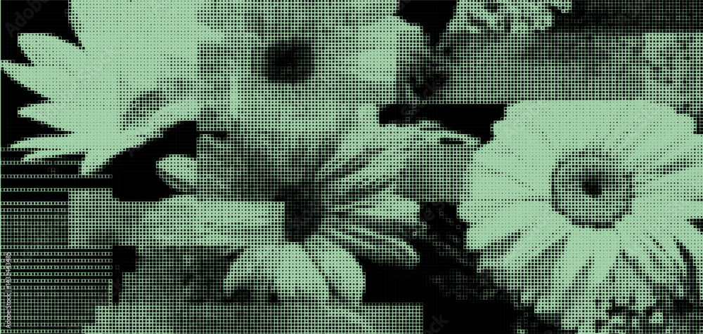 Poster Halftone overlay texture showcasing floral patterns in a unique color palette for design and art projects
