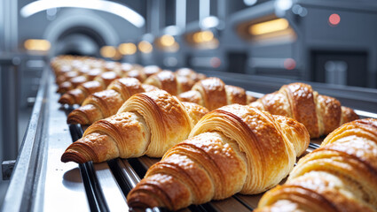 Rows of fresh, golden-brown croissants travel on a conveyor belt in a modern bakery.