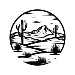 Black Silhouette Desert Landscape Cactus, Mountains, Dry Plants in Round © Shipon
