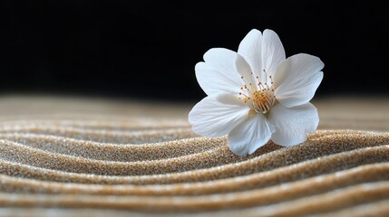 White flower on sand with raked lines against a dark background.