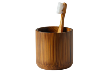 Eco friendly bamboo toothbrush in stylish holder against black background a minimalist sustainable on transparent background
