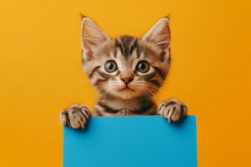Cat marketing sign. Ð¡ute cat kurilian bobtail hold in front paws a concept - large blue drive sign. Isolated feline infant cub on a solid dress code bright orange background. Ad sign with ca.