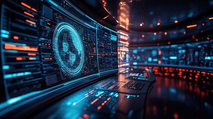 Futuristic control room with interactive displays