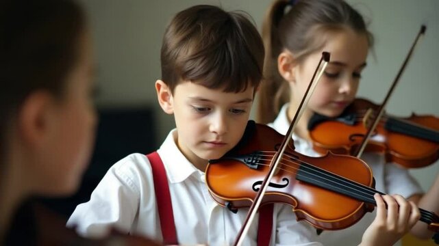 boys and girls are learning the violin