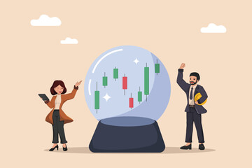 Business Confident Stock Market Analysts Predicting Bullish Trends with Candlestick Charts Inside a Futuristic Crystal Ball.