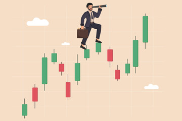 Businessman Analyzing Stock Market Growth Standing on Candlestick Chart with Telescope Illustration.
