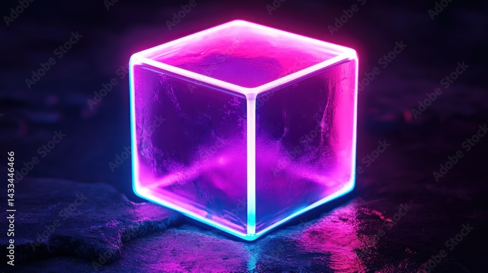Poster a glowing illuminated cube sitting on a textured dark surface