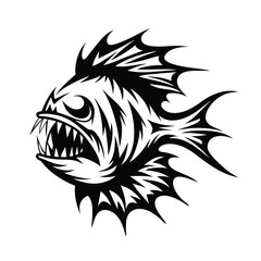 Stylized Piranha Fish with Sharp Teeth, Aggressive Stance, Black and White Illustration