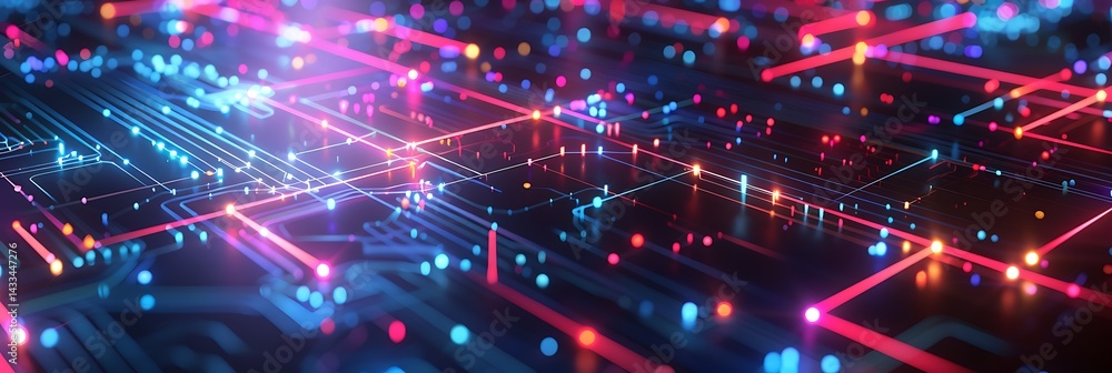 Poster close-up view of a futuristic circuit board with glowing red and blue pathways, nodes, and light pul