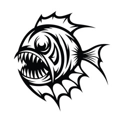 Tribal Style Piranha with Sharp Teeth Abstract Aquatic Creature, Black & White Art