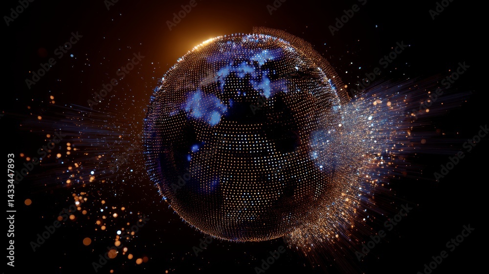 Poster abstract data network visualization: blue and orange glowing particles forming complex digital struc
