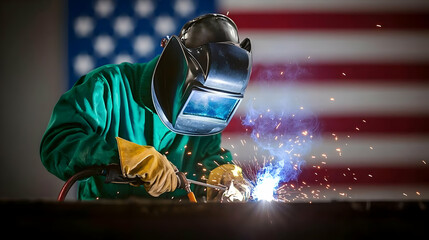 Welder Focusing On Metal Work In Front Of American Flag