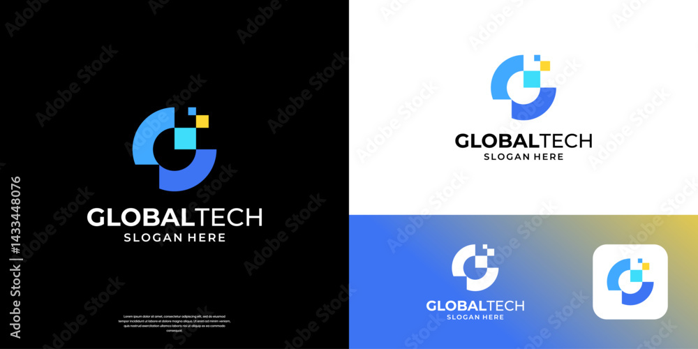 Poster abstract letter g logo design. geometric shape initial g with pixel data symbol vector.