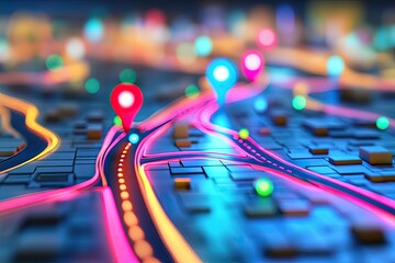 Urban navigation map, glowing routes, highlighted locations  Detailed city layout, highlighted with vibrant neon paths and location markers