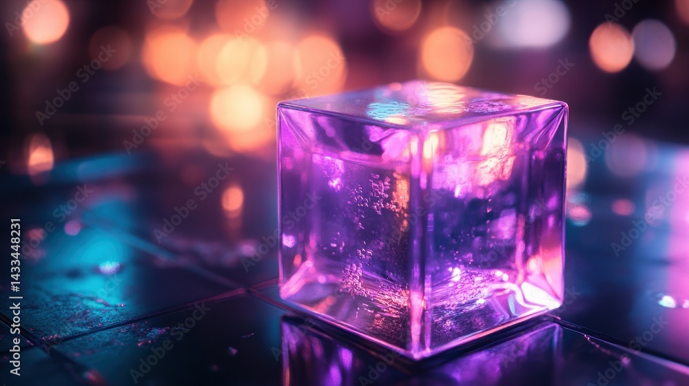 Poster a luminous glass cube is displayed reflecting ambient light around it