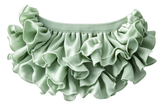 Elegant sage green ruffled fabric collar detail showcasing luxurious texture and delicate stitching on transparent background