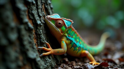 Fototapeta premium Colorful Chameleon Climbing Tree Trunk Close-Up