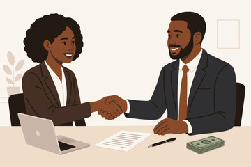 Professional Business Handshake Vector Illustration - African American Entrepreneurs Closing Deal with Contract and Money - Corporate Partnership Meeting in Modern Office Setting