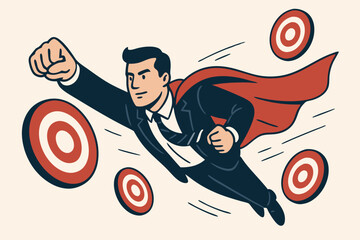 Business Superhero in Suit Flying Towards Target Goals with Red Cape, Success Achievement Concept Vector Illustration for Corporate Leadership, Goal Setting, and Professional Ambition