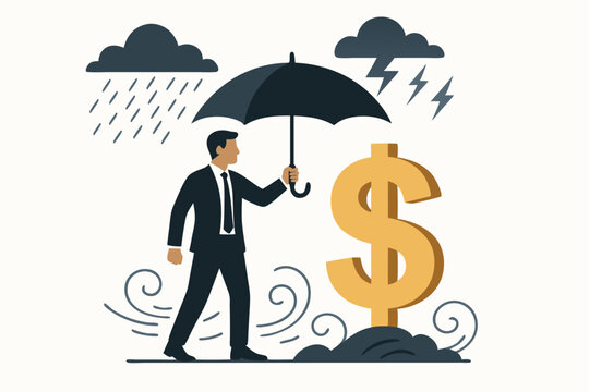 Financial Protection Concept with Businessman Holding Umbrella Shielding Dollar Symbol from Storm, Business Investment Security Metaphor, Wealth Management Illustration, Risk Management Vector Art