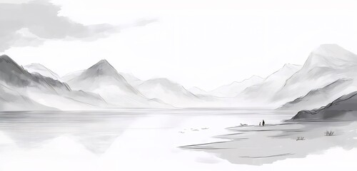 墨絵調モノクロ風景 湖面に山々が映る静寂の情景 落ち着いた水墨画デザイン