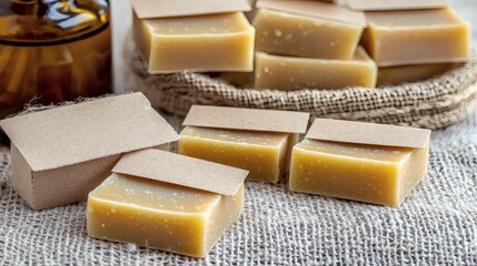 Handmade Natural Soap Bars on Burlap with Craft Packaging and Aroma Oil for Organic Skincare