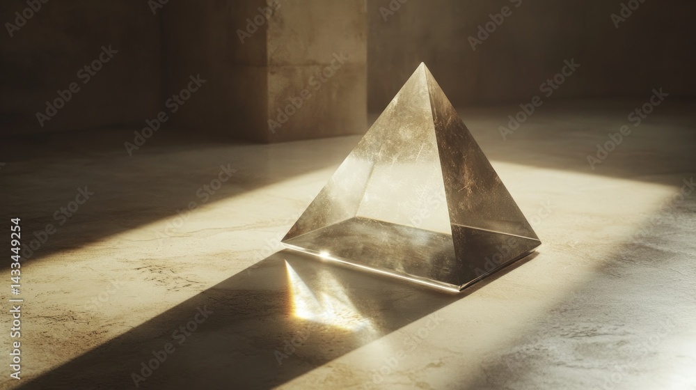 Aufkleber a geometric pyramid structure is illuminated within a stark interior scene