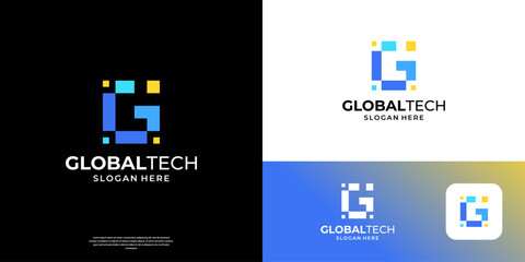 Abstract letter G logo design. Geometric shape initial G with pixel data symbol vector.
