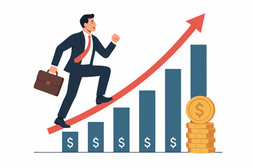 Business Success Growth Chart Vector Illustration with Confident Businessman Climbing Financial Bar Graph towards Wealth, Professional with Briefcase Walking on Upward Trend Arrow to Money Stack