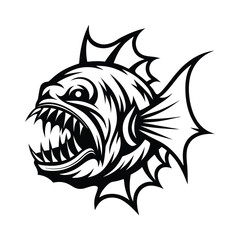 Isolated Piranha Monochrome Design, Fierce Fish Icon with Sharp Teeth, Fins Outline