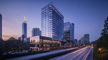Obraz premium Modern skyscraper at dusk, city skyline, highway traffic. Real estate, architecture