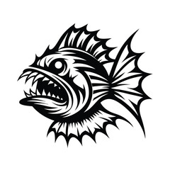 Aggressive Piranha Fish, Open Mouth, Sharp Teeth, Monochrome Illustration, Isolated