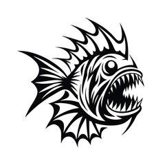 Piranha Fish Silhouette, Sharp Teeth, Aggressive Predator, Underwater Wildlife, Monochrome