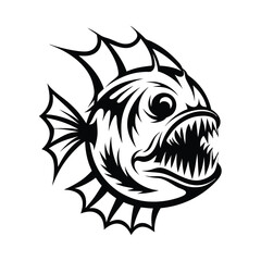 Piranha Fish Sharp Teeth, Fins, Black and White, Aggressive, Aquatic Animal