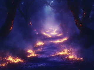 Fototapeta premium Burning path through a dark misty forest at night Flames line the way illuminating the trees