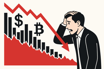 Financial Market Crash Vector Illustration with Stressed Businessman and Downward Chart Showing Dollar and Bitcoin Decline - Economic Crisis Concept for Business and Investment
