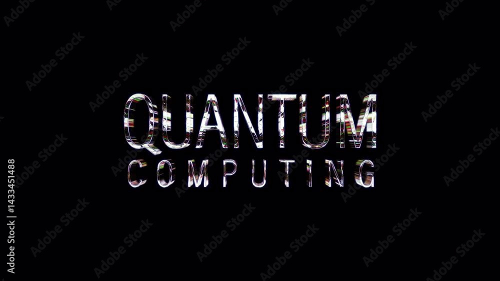 Poster loop quantum computing silver text shine glitch effect light motion animation title on black abstrac