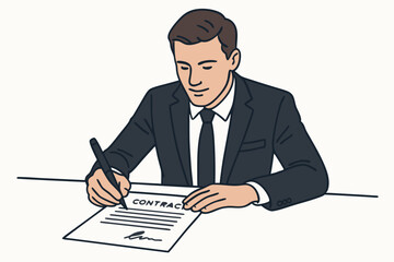 Professional Businessman in Dark Suit Signing Legal Contract Document, Minimal Clean Line Art Style Vector Illustration for Corporate Business, Legal Services, Agreement Concept